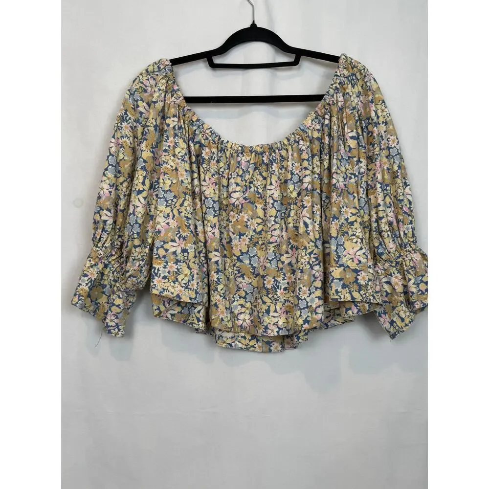 NWT Free People Floral Puff Sleeve Crop Top Size M Light Blue MSRP $128